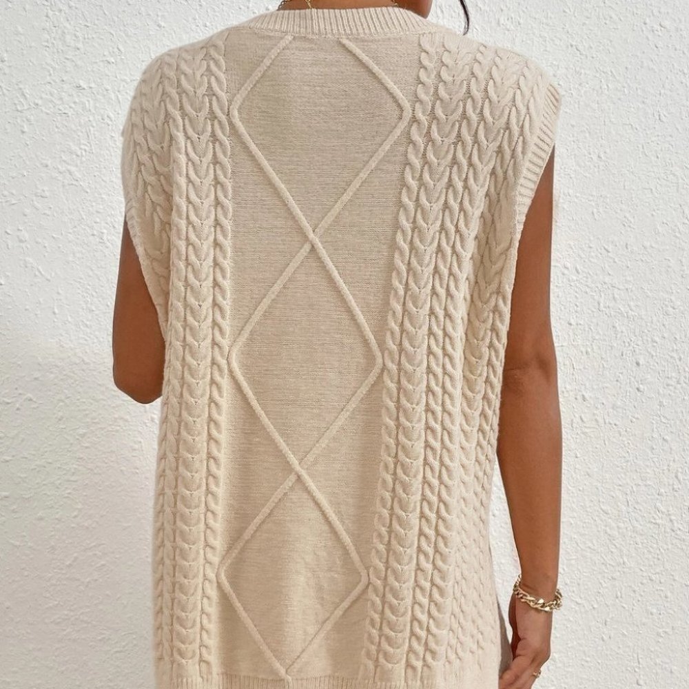 CABLE KNIT SPLIT SIDE HEMS SWEATWR VEST & SHORTS SET FALL WINTER STREETWEAR CHIC - Picture 6 of 6